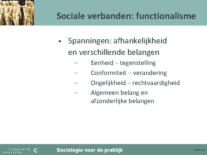 Sociale verbanden: functionalisme • Spanningen: afhankelijkheid en verschillende belangen – – Eenheid – tegenstelling