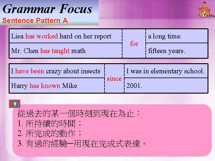 Grammar Focus Sentence Pattern A Lisa has worked hard on her report Mr. Chen