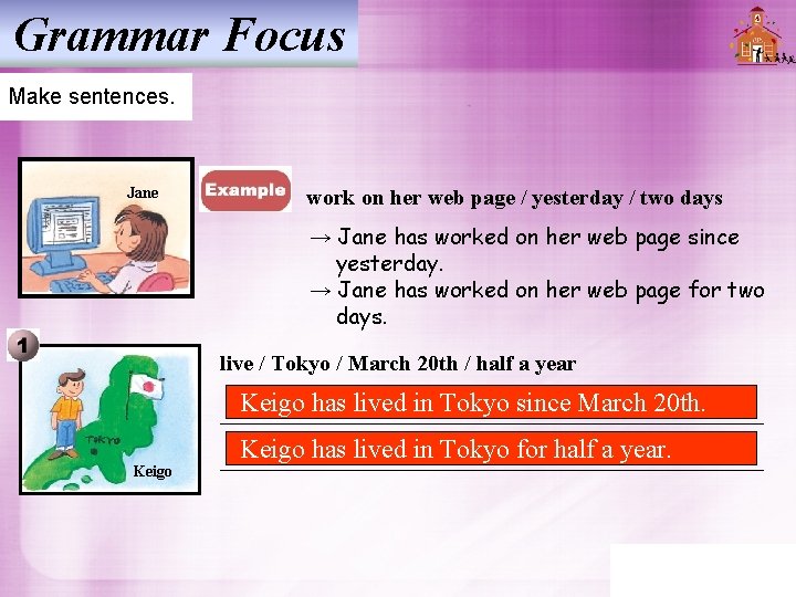 Grammar Focus Make sentences. Jane work on her web page / yesterday / two