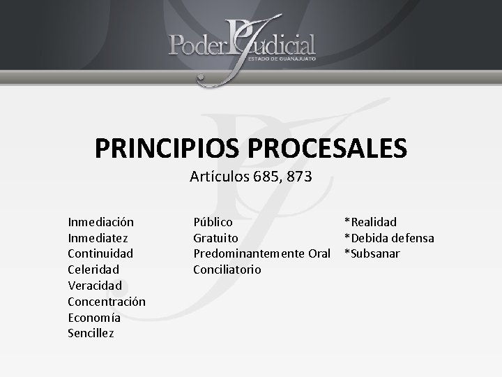 PRINCIPIOS PROCESALES Artículos 685, 873 Inmediación Inmediatez Continuidad Celeridad Veracidad Concentración Economía Sencillez Público