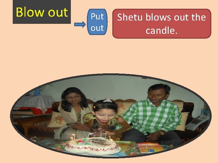 Blow out Put out Shetu blows out the candle. 