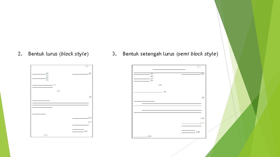 2. Bentuk lurus (block style) 3. Bentuk setengah lurus (semi block style) 