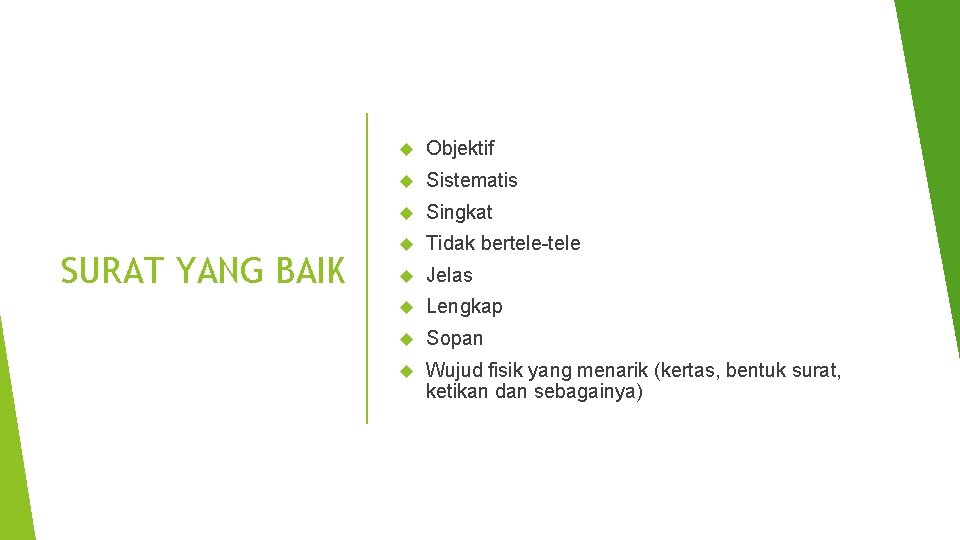 SURAT YANG BAIK Objektif Sistematis Singkat Tidak bertele-tele Jelas Lengkap Sopan Wujud fisik yang