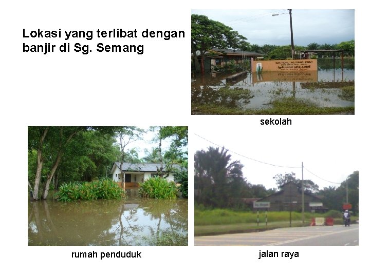 Lokasi yang terlibat dengan banjir di Sg. Semang sekolah rumah penduduk jalan raya 