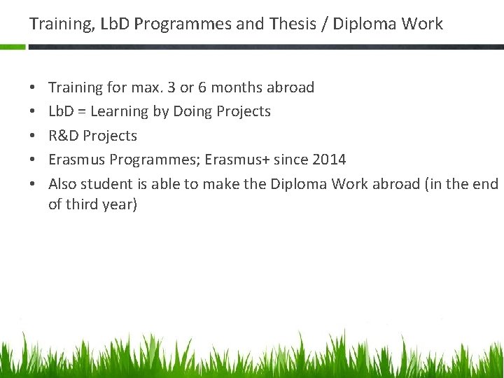 Training, Lb. D Programmes and Thesis / Diploma Work • • • Training for