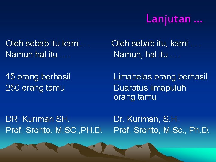 Lanjutan … Oleh sebab itu kami…. Namun hal itu …. Oleh sebab itu, kami