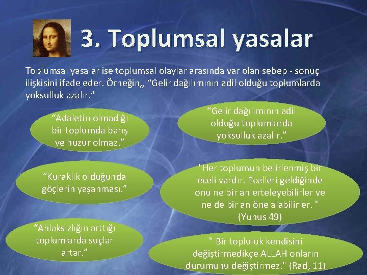 3. Toplumsal yasalar ise toplumsal olaylar arasında var olan sebep - sonuç ilişkisini ifade