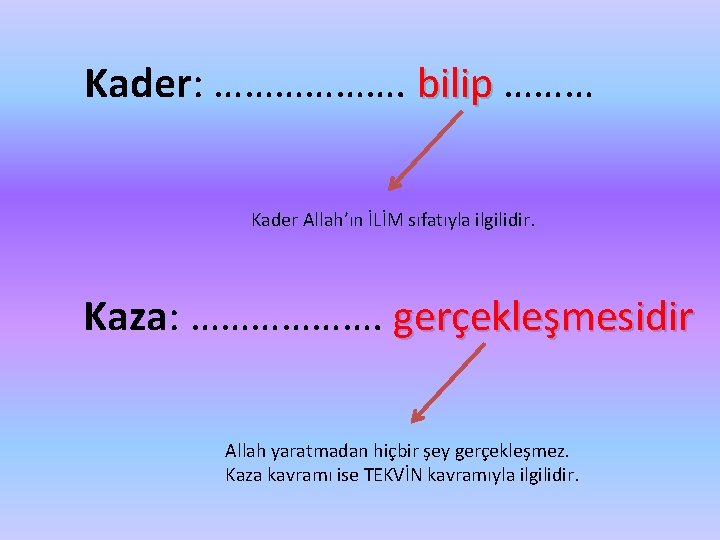 Kader: ………………. bilip ……… ilip Kader Allah’ın İLİM sıfatıyla ilgilidir. Kaza: ………………. gerçekleşmesidir Allah