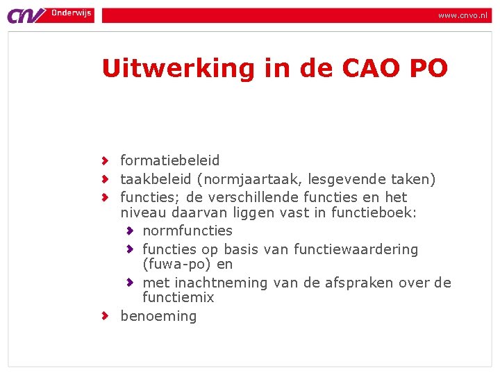 www. cnvo. nl Uitwerking in de CAO PO formatiebeleid taakbeleid (normjaartaak, lesgevende taken) functies;