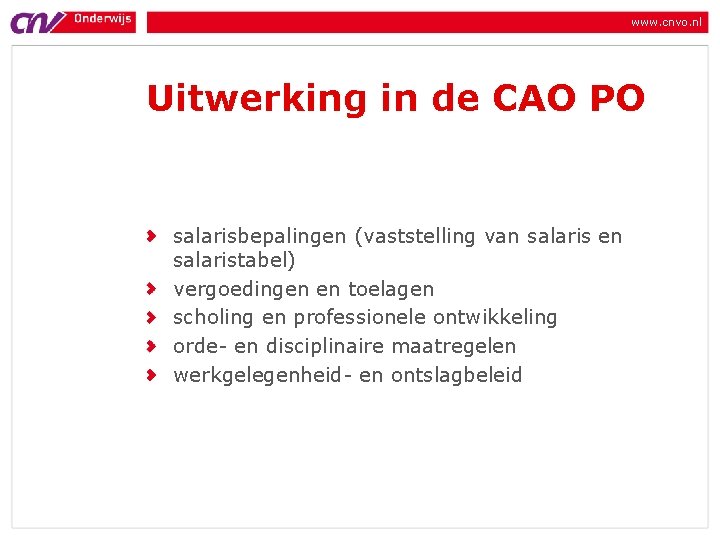 www. cnvo. nl Uitwerking in de CAO PO salarisbepalingen (vaststelling van salaris en salaristabel)
