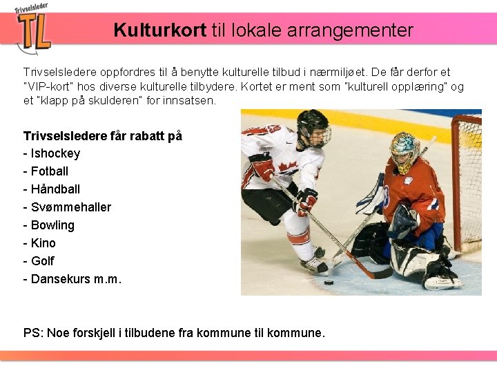 Kulturkort til lokale arrangementer Trivselsledere oppfordres til å benytte kulturelle tilbud i nærmiljøet. De