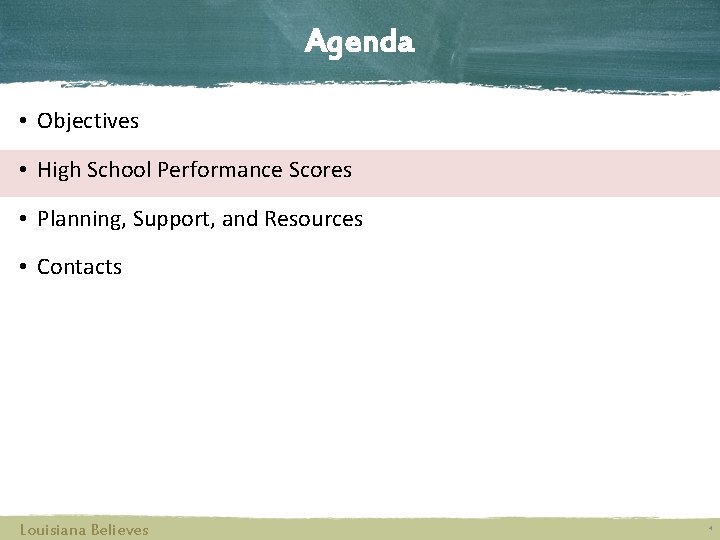 Agenda • Objectives • High School Performance Scores • Planning, Support, and Resources •
