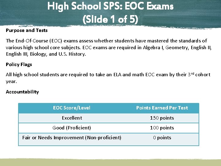 High School SPS: EOC Exams (Slide 1 of 5) Purpose and Tests The End-Of-Course