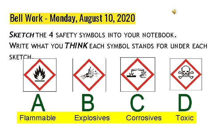 Bell Work - Monday, August 10, 2020 SKETCH THE 4 SAFETY SYMBOLS INTO YOUR