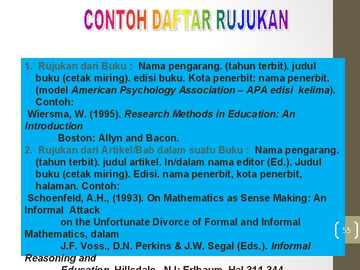 1. Rujukan dari Buku : Nama pengarang. (tahun terbit). judul buku (cetak miring). edisi