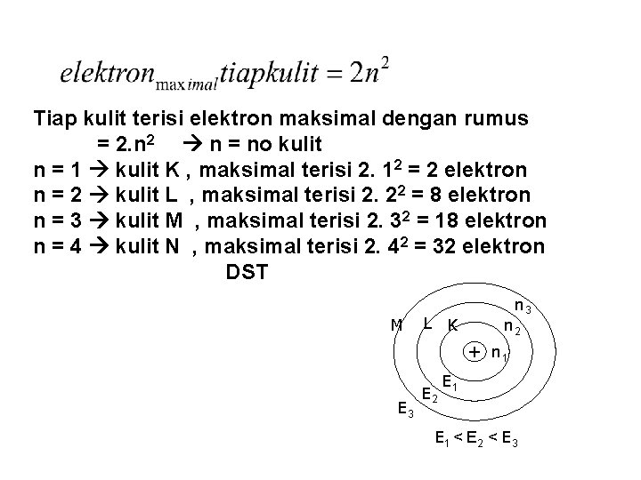 Tiap kulit terisi elektron maksimal dengan rumus = 2. n 2 n = no