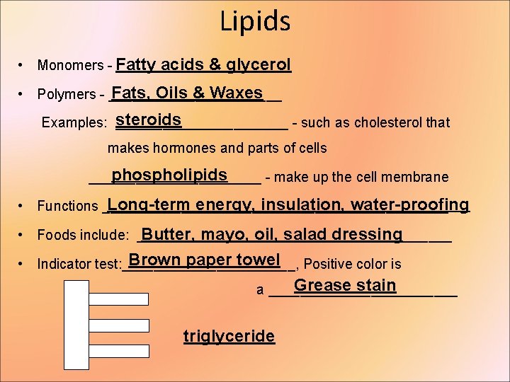 Lipids • Monomers - Fatty ___________ acids & glycerol Fats, Oils & Waxes •