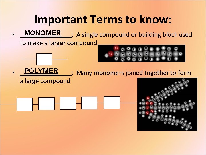 Important Terms to know: MONOMER • ________: A single compound or building block used