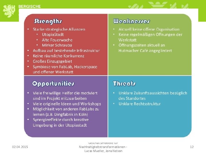 SWOT - Analyse 02. 04. 2015 Geschäftsmodelle für Nachhaltigkeitstransformationen - Lucas Mueller, Jona Nelson