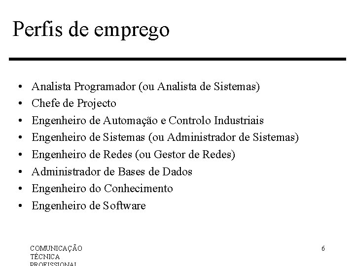 Perfis de emprego • • Analista Programador (ou Analista de Sistemas) Chefe de Projecto