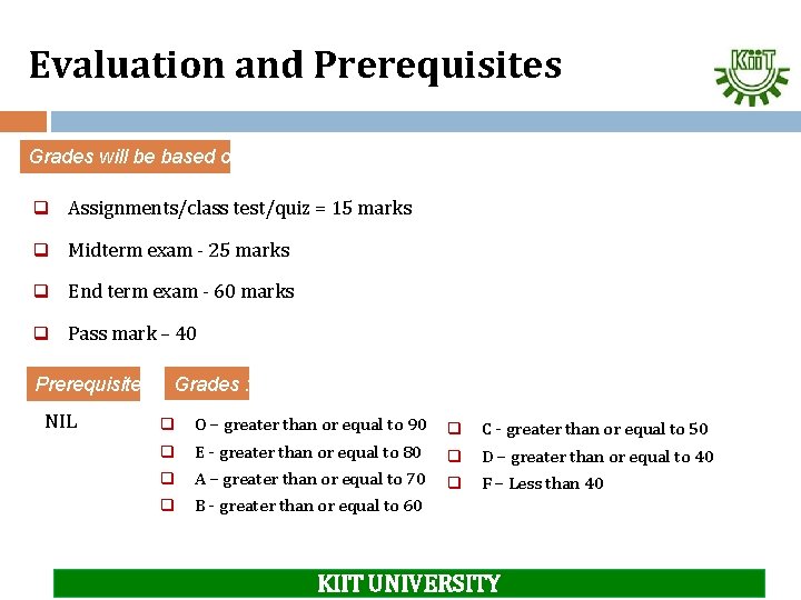 Evaluation and Prerequisites Grades will be based on: q Assignments/class test/quiz = 15 marks Evaluation and Prerequisites Grades will be based on: q Assignments/class test/quiz = 15 marks