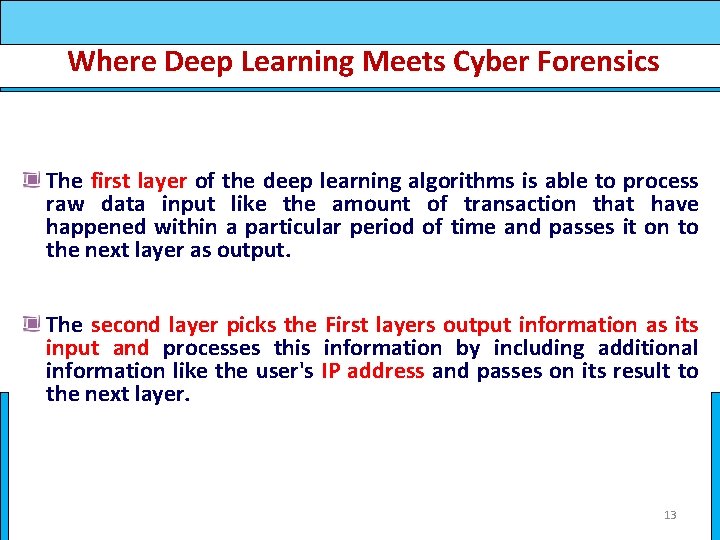 Where Deep Learning Meets Cyber Forensics The first layer of the deep learning algorithms