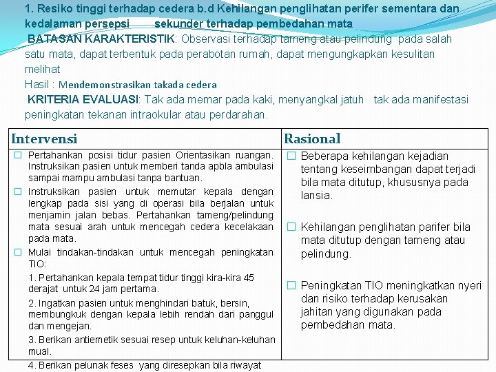 1. Resiko tinggi terhadap cedera b. d Kehilangan penglihatan perifer sementara dan kedalaman persepsi