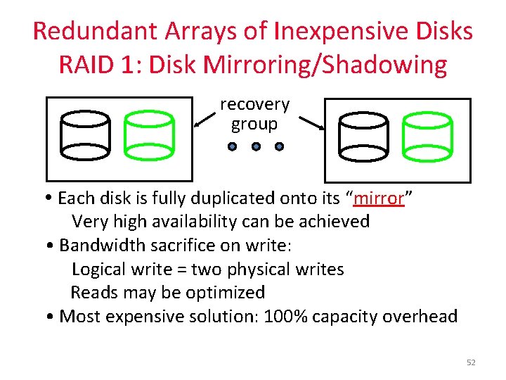 Redundant Arrays of Inexpensive Disks RAID 1: Disk Mirroring/Shadowing recovery group • Each disk
