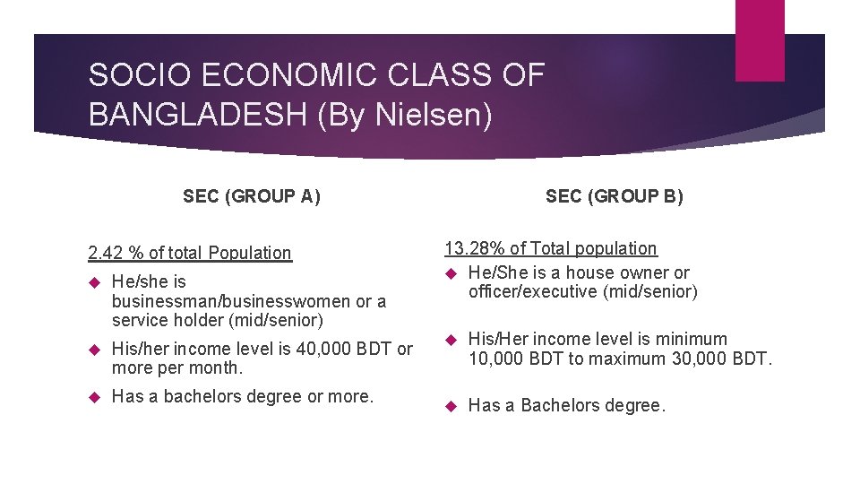 SOCIO ECONOMIC CLASS OF BANGLADESH (By Nielsen) SEC (GROUP B) SEC (GROUP A) 2.