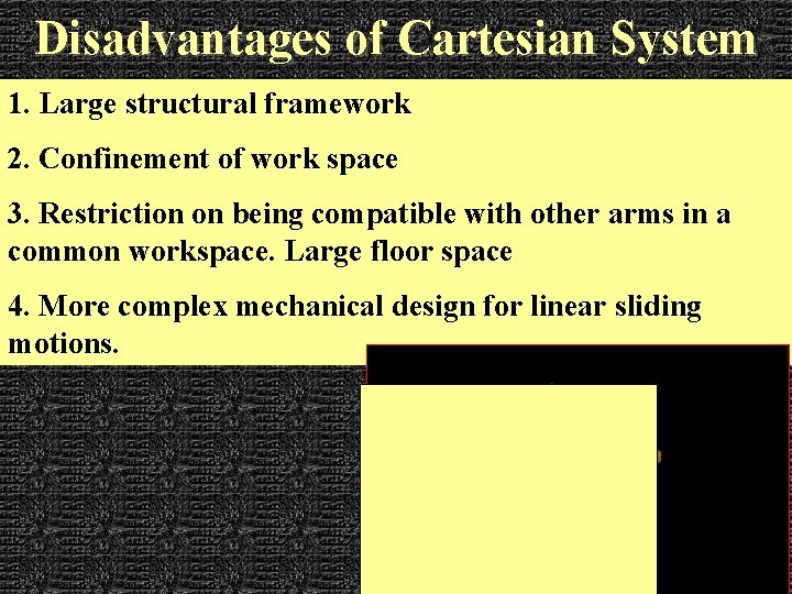 Disadvantages of Cartesian System 1. Large structural framework 2. Confinement of work space 3.