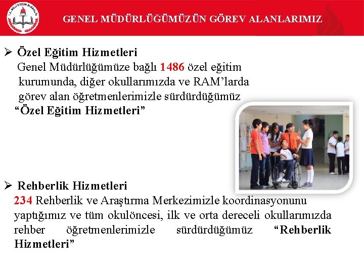 GENEL MÜDÜRLÜĞÜMÜZÜN GÖREV ALANLARIMIZ Ø Özel Eğitim Hizmetleri Genel Müdürlüğümüze bağlı 1486 özel eğitim