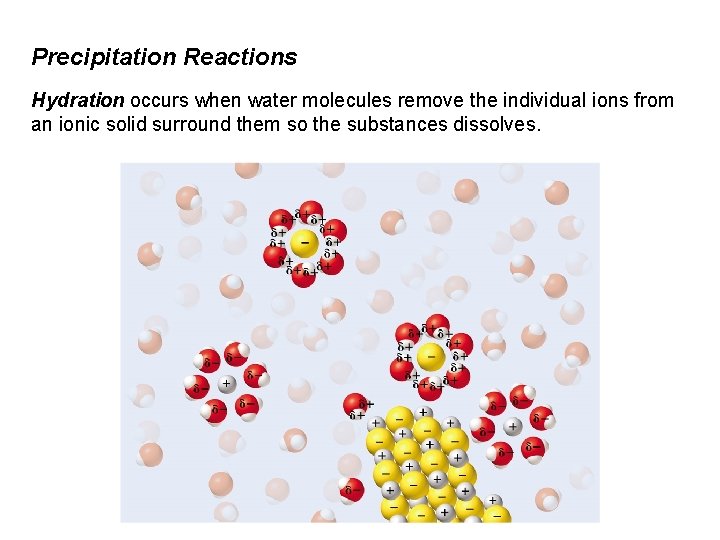 Precipitation Reactions Hydration occurs when water molecules remove the individual ions from an ionic
