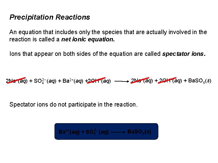 Precipitation Reactions An equation that includes only the species that are actually involved in