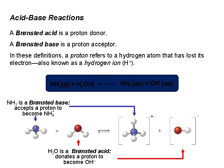 Acid-Base Reactions A Brønsted acid is a proton donor. A Brønsted base is a