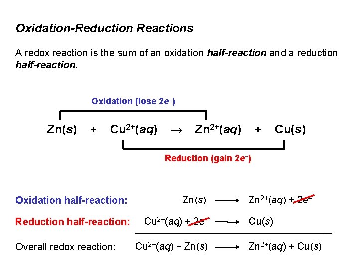 Oxidation-Reduction Reactions A redox reaction is the sum of an oxidation half-reaction and a