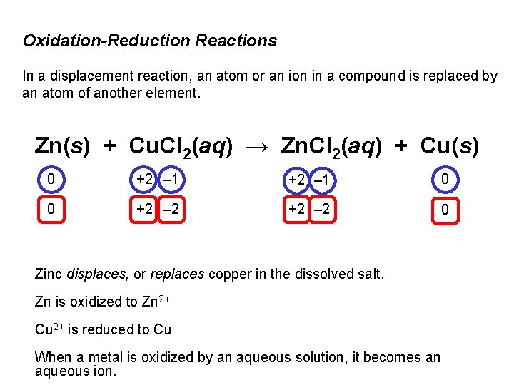 Oxidation-Reduction Reactions In a displacement reaction, an atom or an ion in a compound