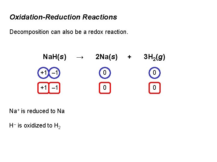 Oxidation-Reduction Reactions Decomposition can also be a redox reaction. Na. H(s) → 2 Na(s)