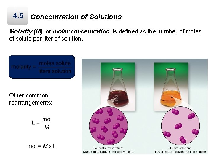 4. 5 Concentration of Solutions Molarity (M), or molar concentration, is defined as the