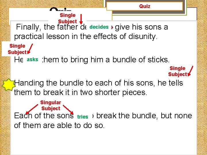 Quiz Single Subject decidesto give his sons a Finally, the father decide practical lesson