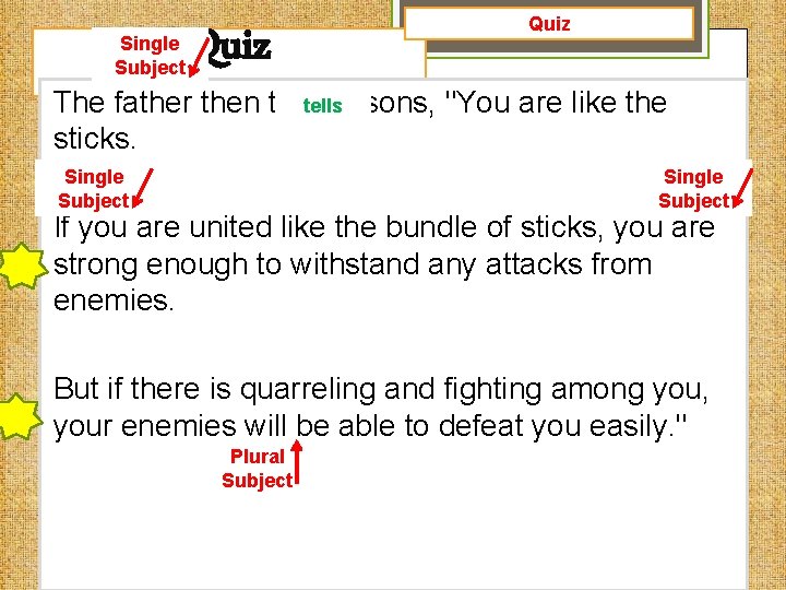 Single Subject Quiz The father then tells his sons, "You are like the sticks.