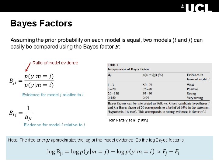 Bayes Factors • Ratio of model evidence From Raftery et al. (1995) Note: The