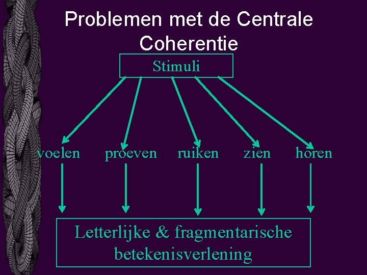 Problemen met de Centrale Coherentie Stimuli voelen proeven ruiken zien Letterlijke & fragmentarische betekenisverlening