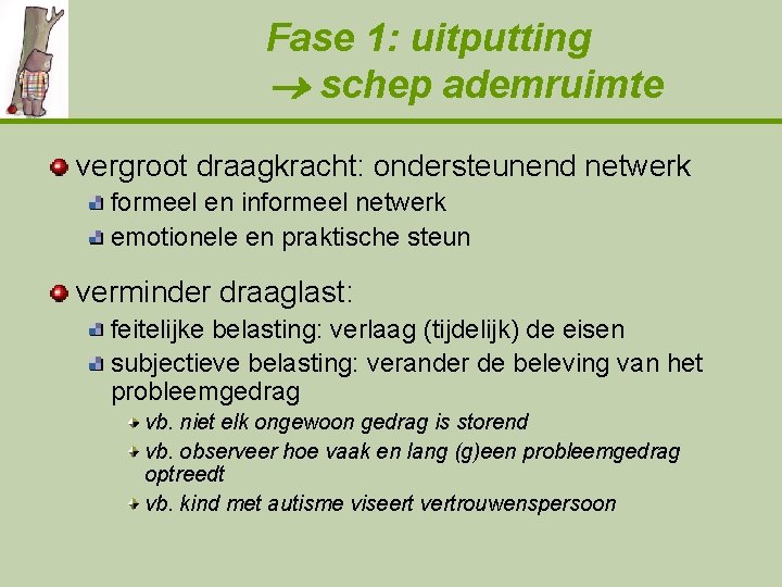 Fase 1: uitputting schep ademruimte vergroot draagkracht: ondersteunend netwerk formeel en informeel netwerk emotionele