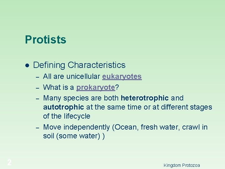 Protists l Defining Characteristics – – 2 All are unicellular eukaryotes What is a