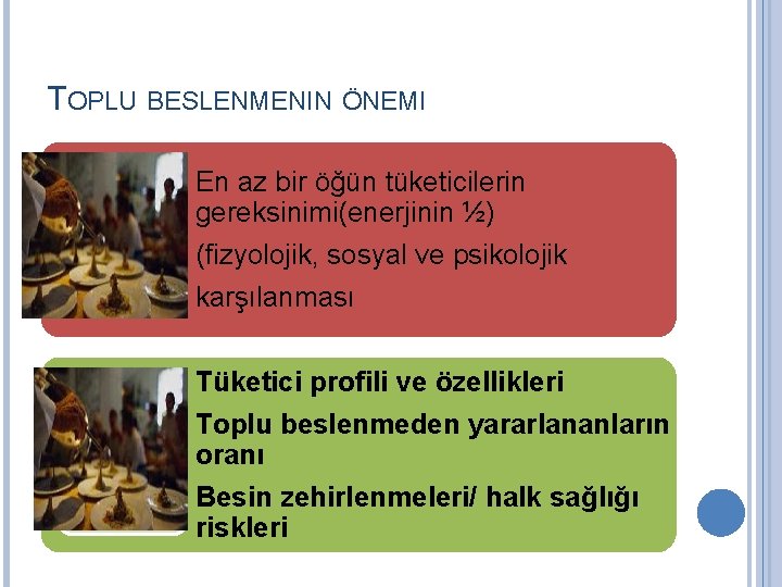 TOPLU BESLENMENIN ÖNEMI En az bir öğün tüketicilerin gereksinimi(enerjinin ½) (fizyolojik, sosyal ve psikolojik