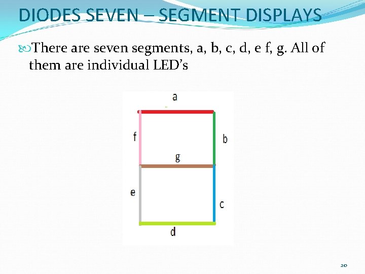 DIODES SEVEN – SEGMENT DISPLAYS There are seven segments, a, b, c, d, e