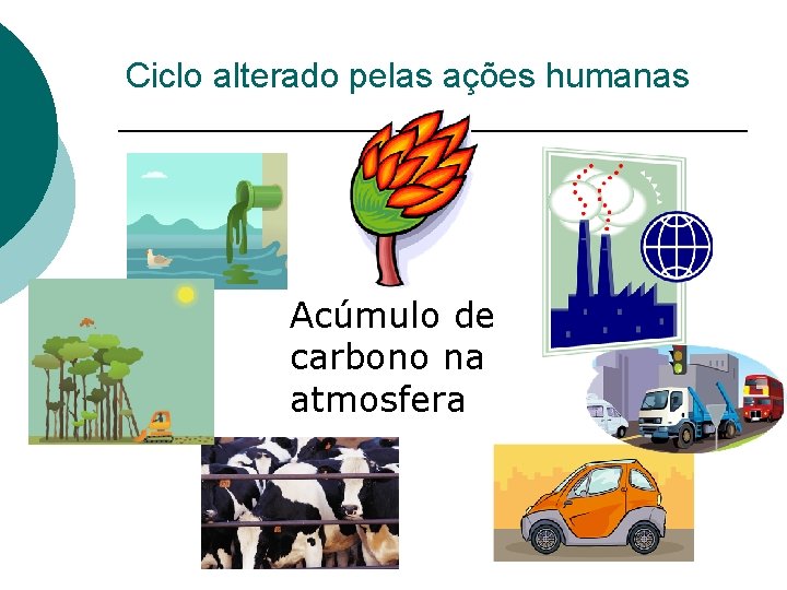 Ciclo alterado pelas ações humanas Acúmulo de carbono na atmosfera 