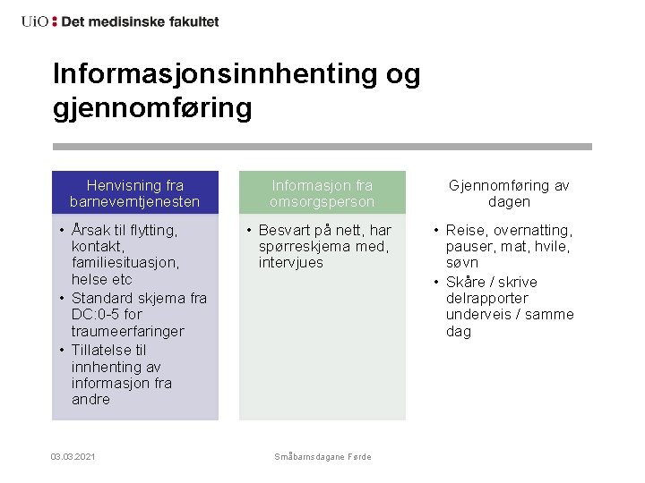 Informasjonsinnhenting og gjennomføring Henvisning fra barneverntjenesten Informasjon fra omsorgsperson • Årsak til flytting, kontakt,