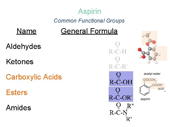 Aspirin Common Functional Groups Name General Formula Aldehydes Ketones Carboxylic Acids Esters Amides 