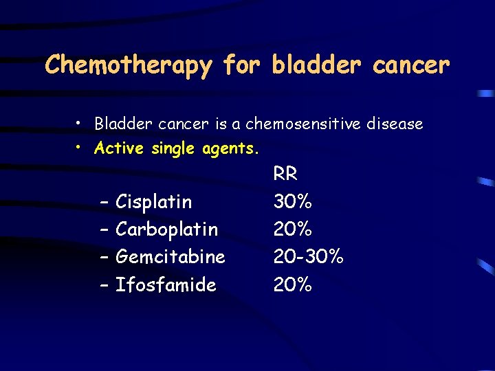 Chemotherapy for bladder cancer • Bladder cancer is a chemosensitive disease • Active single